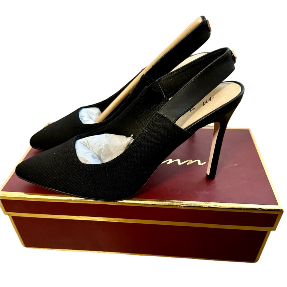 Melyann Jinji New Black Stiletto Leather and Fabric Slingback Heels Size 7